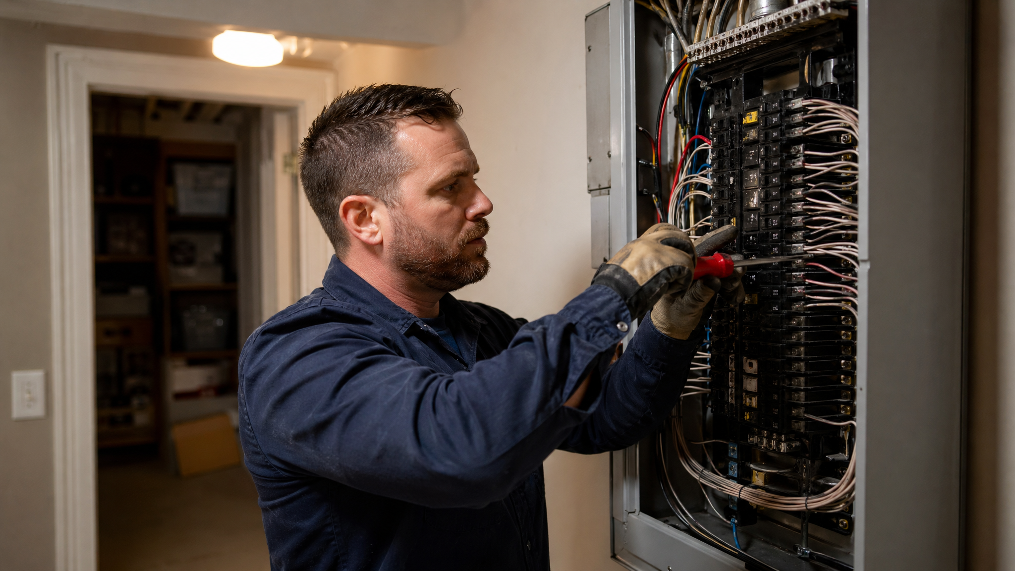Electrician working on a residential electrical panel