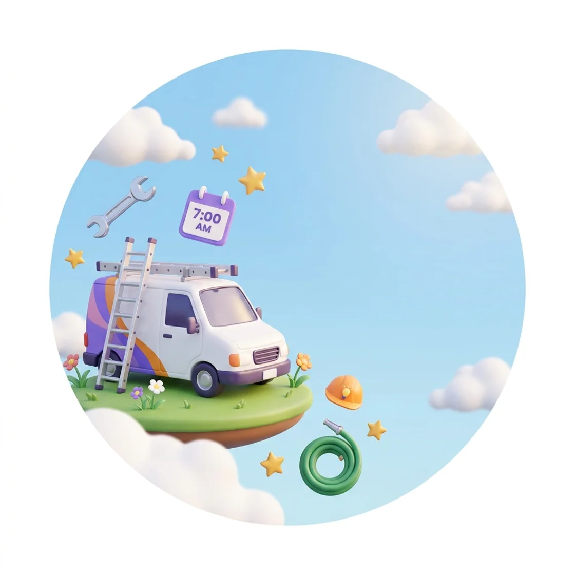 A playful 3D scene of a service business: a white van with a purple and orange stripe on a floating island, ladder, wrench, hard hat and calendar showing 7:00 AM