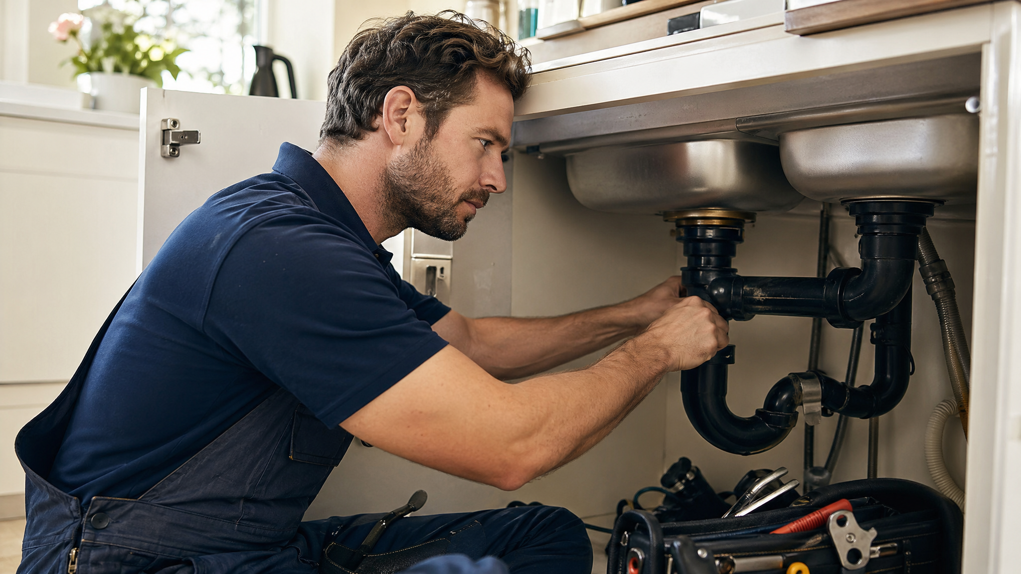 Plumber repairing pipes under a kitchen sink