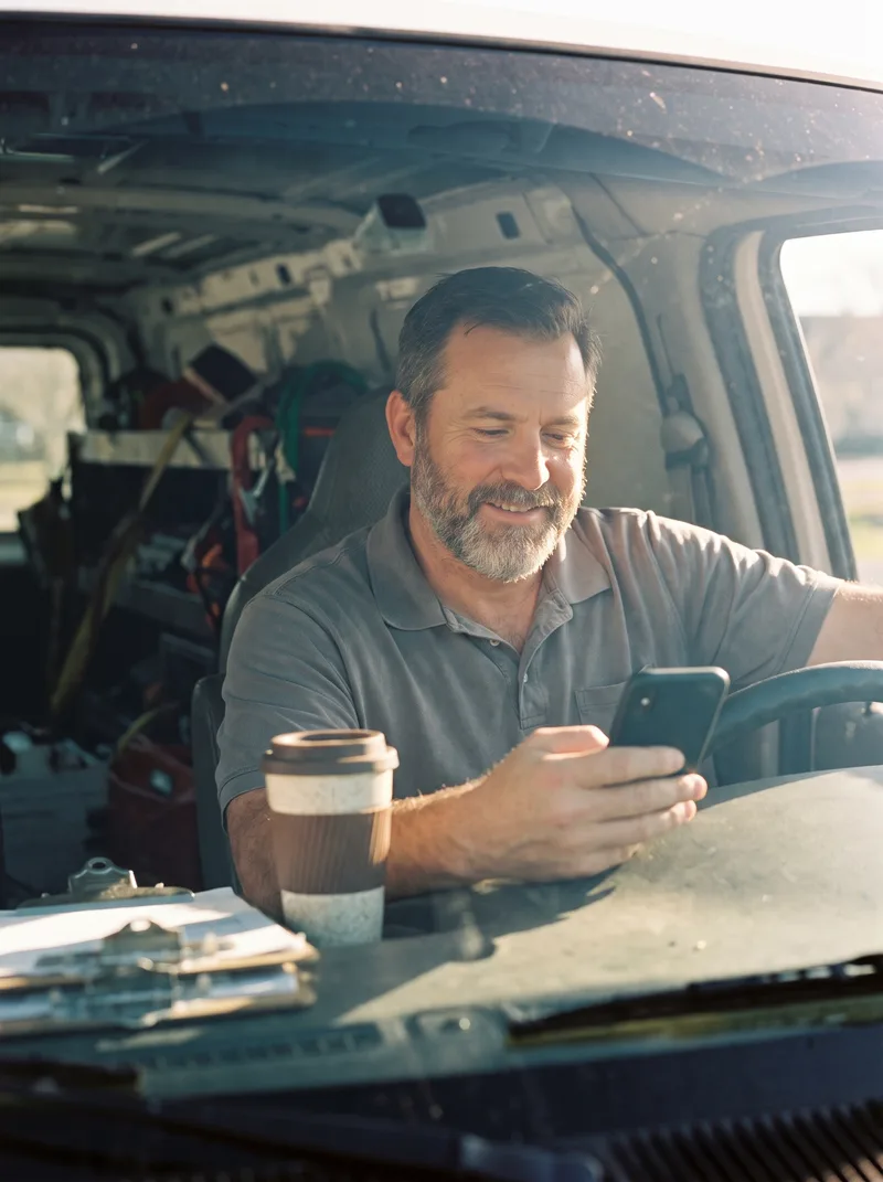 A service business owner sitting in their work van, checking the NanoFlow app on their phone with morning coffee on the dash