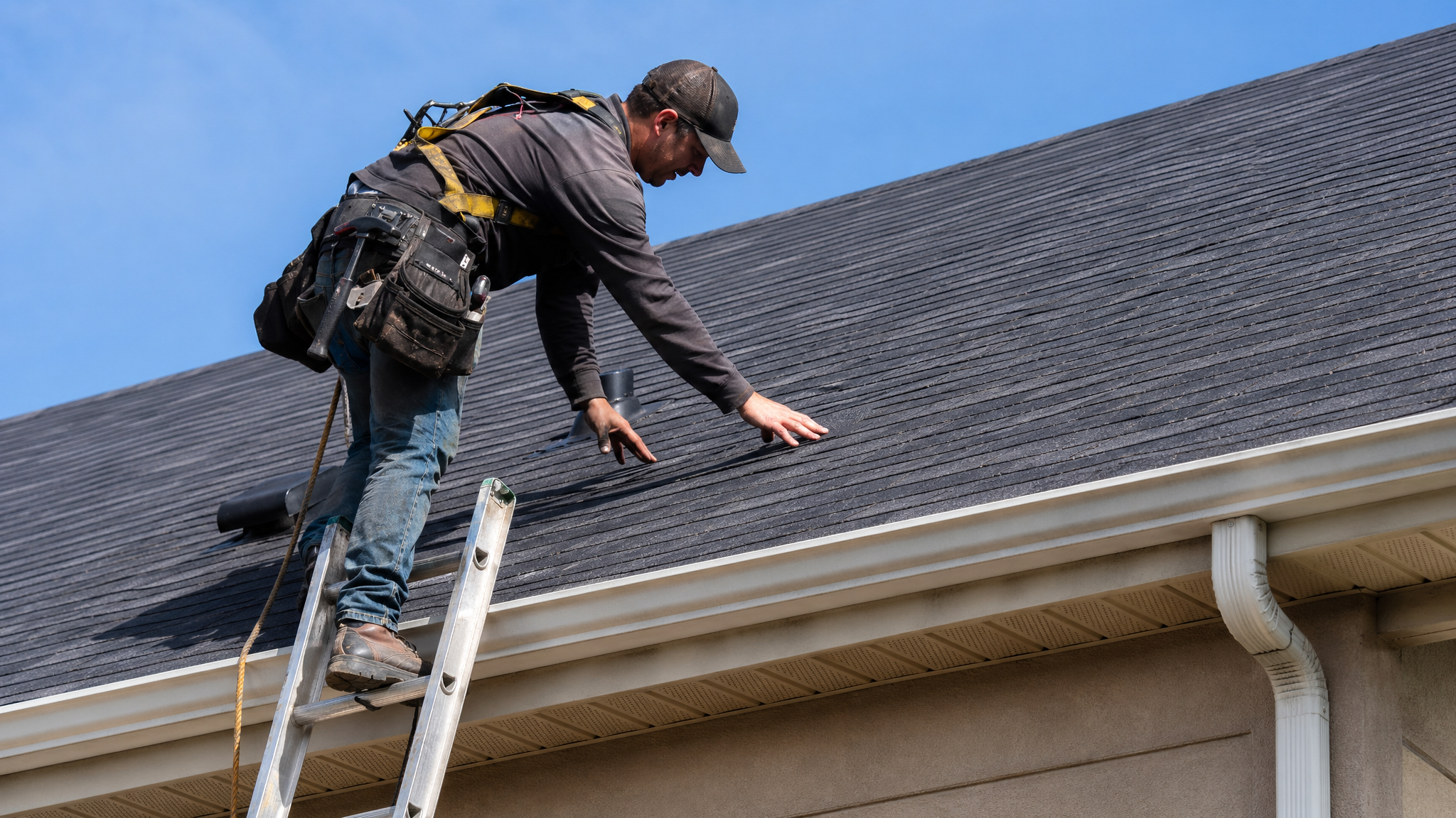Roofer working on a residential shingle roof
